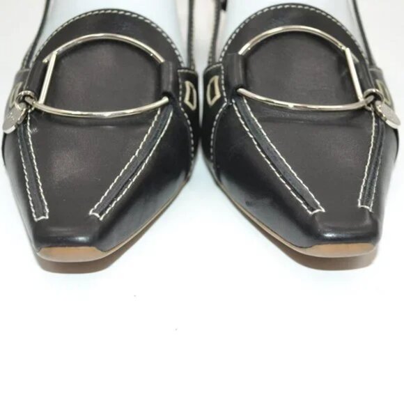 TOD'S Black Structured Minimalist Silver Metal Leather Slingback Kitten Heels 9 - Picture 7 of 15